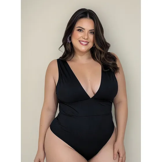 Maiô Preto Em Malha Fria Plus Size