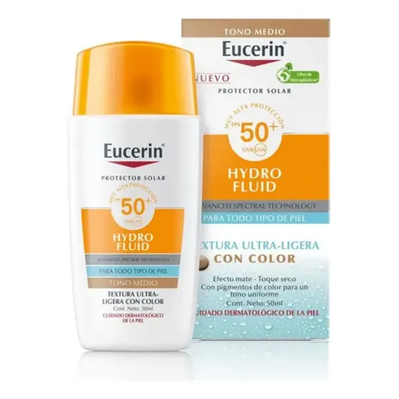 Eucerin Sun Hydro Fluid Protector Solar FPS50+ Tono Medio Facial Hidratante Acido Hialuronico Proteccion UVA UVB Antioxidante 50ml | Cuotas sin interés