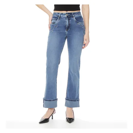 Jeans Mujer Recto Tiro Alto Aplicacion Bordado Y Stras