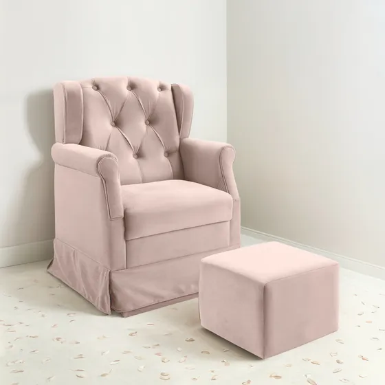 Poltrona De Balanço Amamentação Ternura Puff Veludo Rosê