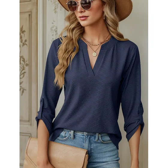 Camiseta Holgada Mujer Manga Tres Cuartos Cuello En V Otoño