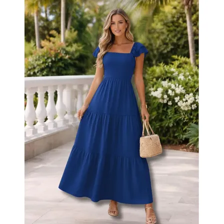 Vestido Longo Feminino Social Decote Quadrado Manga Babado Azul Lisa 42-44