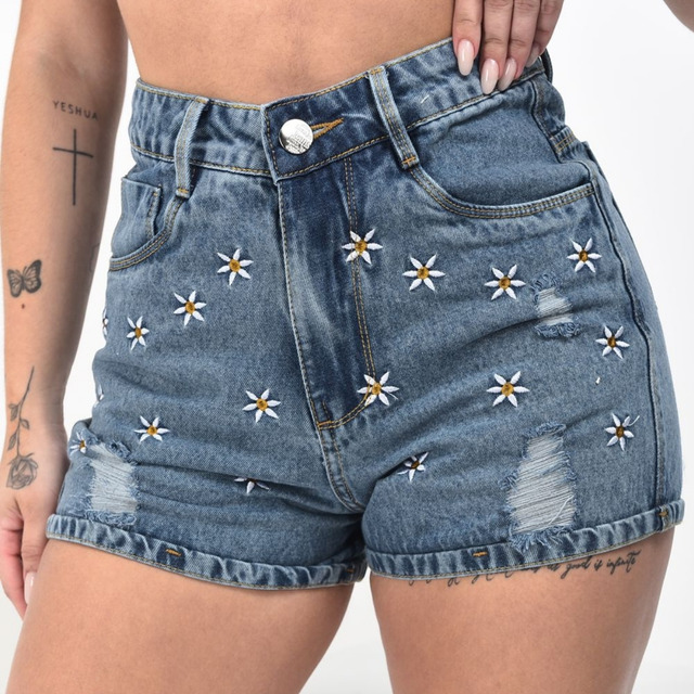 Short Jeans Mom Feminino Boyfriend Bordado Cintura Alta 100%