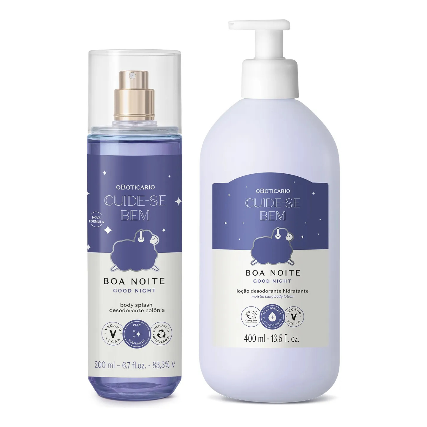 Kit O Boticário Cuide-se Bem Boa Noite contendo um Body Splash de 200ml e um hidratante corporal de 400ml com embalagens em tons de lilás e estampa de ovelha.