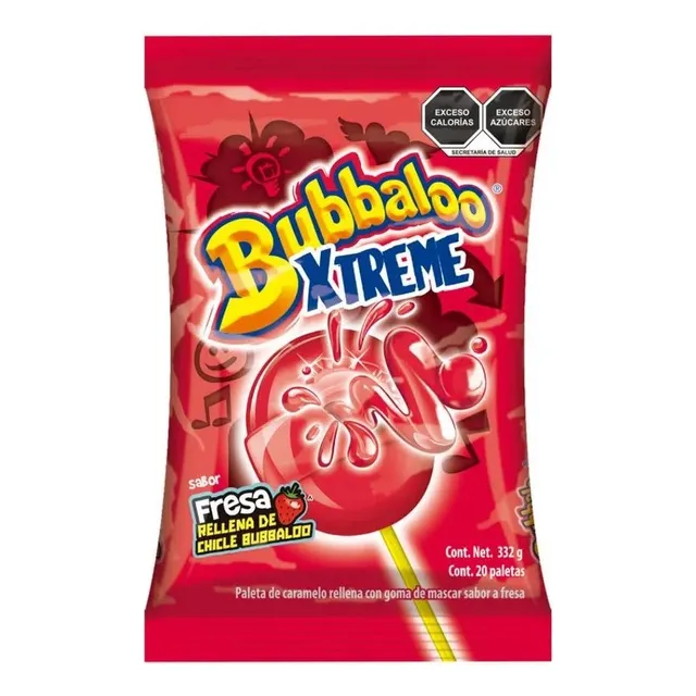 Paleta Bubbaloo Xtreme Fresa Rellena 20 Piezas Chicle Dulce Sabor Intensamente Frutal Centro Relleno Divertido Ideal Para Niños Perfecta Para Compartir