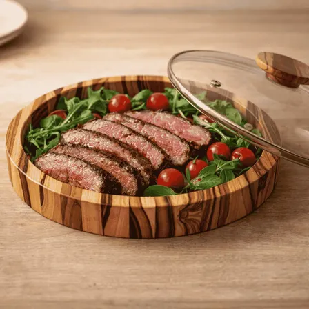 Gamela Madeira Redonda 27cm Churrasco Saladeira Tampa Vidro Madeira