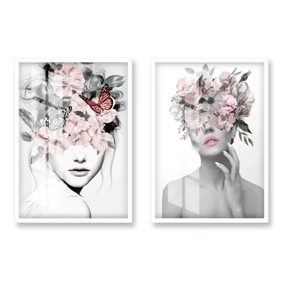 Quadros Decorativos Mulher Cabeça Flores Sala Quarto Casal