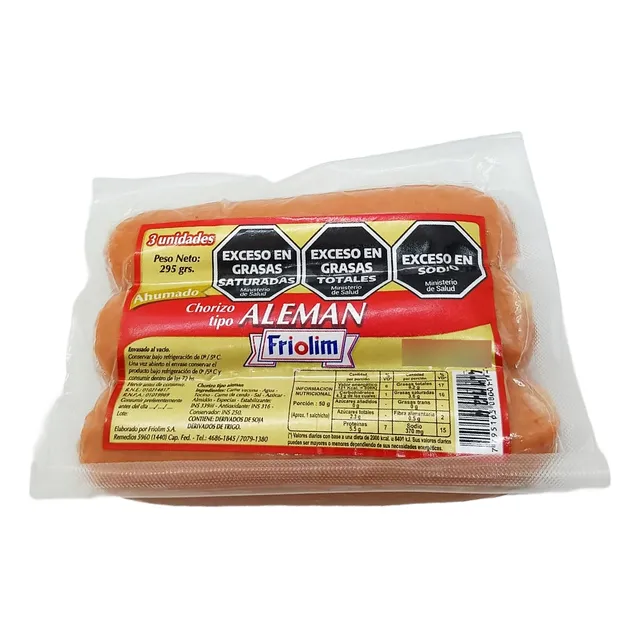 Chorizo Tipo Alemán Con Piel Caja X 10 Paq. X 3u. 2.95 Kg.