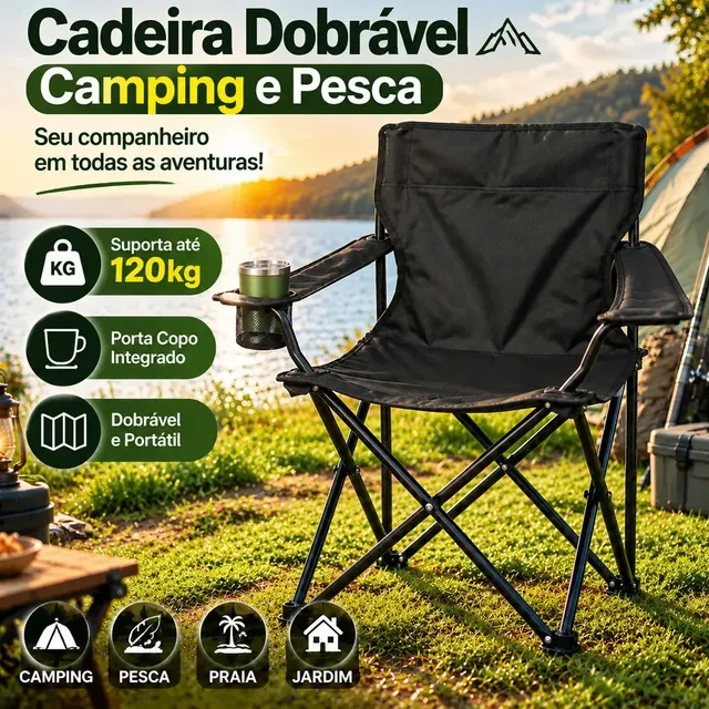Cadeira Dobrável com Porta Copo Bolsa Portátil Resistente até 120kg