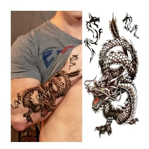 Tatuagem Temporária Masculina Dragão - Removível 17x9cm Cor Preto