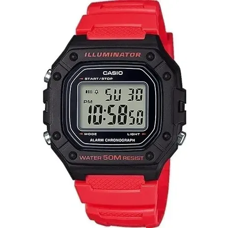 Relógio De Pulseira Digital Casio W-218h-4bvdf Com Pulseira De Resina Vermelha - Fundo Cinza - Moldura Preta Vermelho Preto