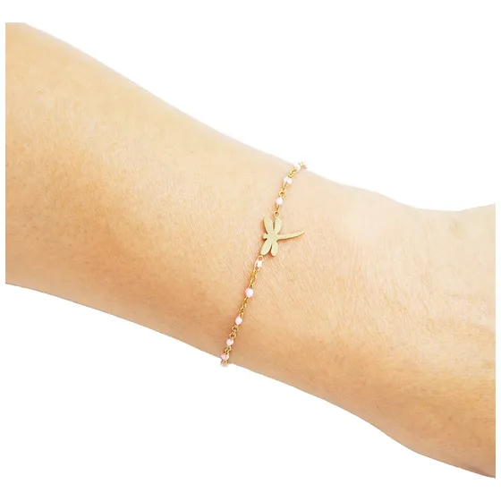 Pulsera Modelo Libélula Dorada Cuentas De Color Rosado 1 Und