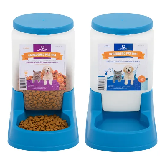 Kit Comedouro/bebedouro Peq. Automático 3 Litros Cães Gatos Cor Azul