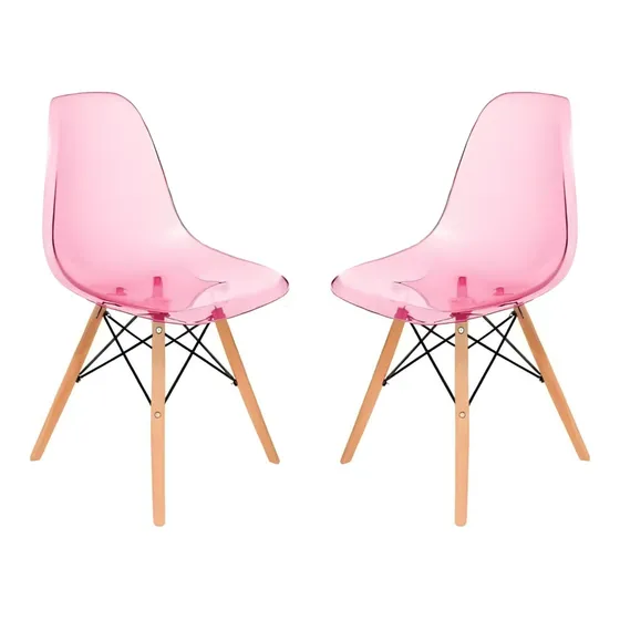 Kit De 2 Sillas Eames Crystal Transparentes Para Comedor Estructura de la silla Madera Asiento Rosa