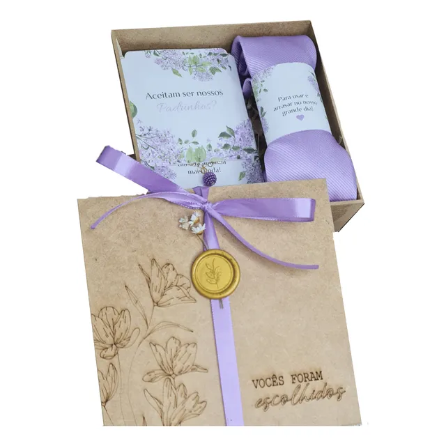 Kit Convite Padrinhos Gravata Pulseira Caixa Decorada E Tags