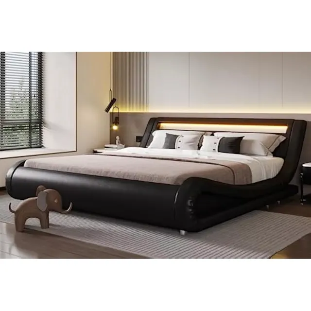 Cama Tapizada King Size Con Cabecera Luz Led Negro