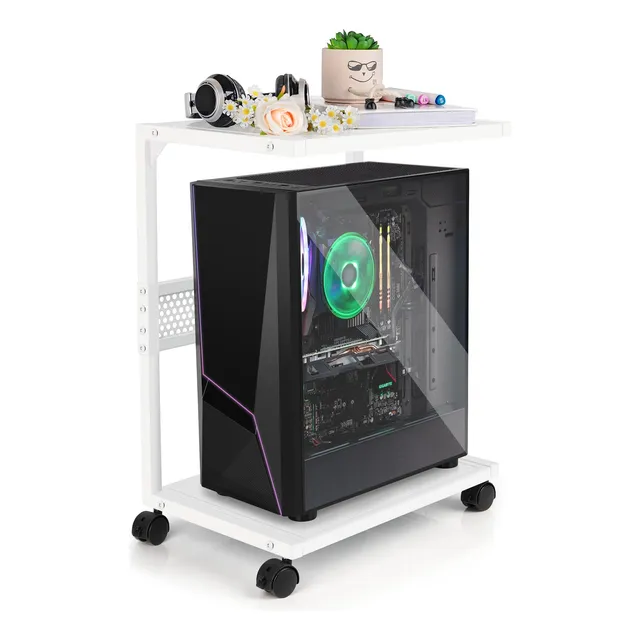 Soporte Torre Computadora 2 Niveles Ruedas Giratorias Blanco