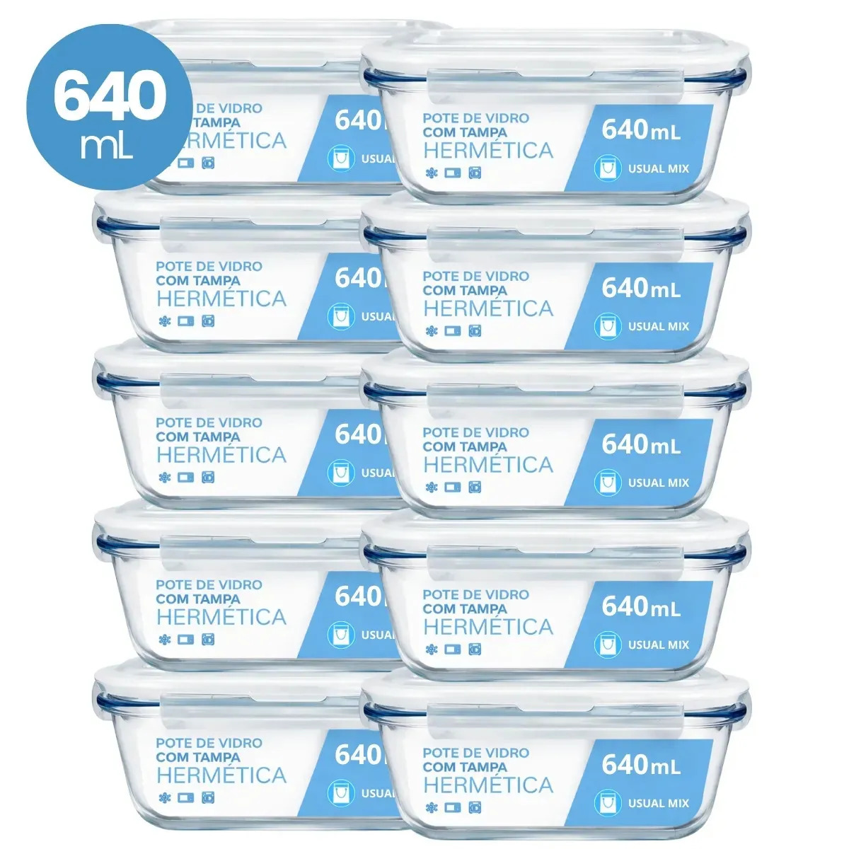 Kit 10 potes de vidro hermeticos 640ml