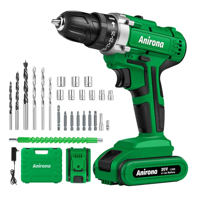 Taladro atornillador inalámbrico de 10mm Anirona AA2015-30 20V + 1 batería de 1.5Ah + accesorios con maletín de transporte Verde