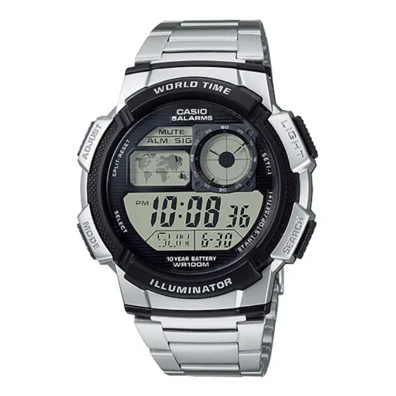 Reloj pulsera digital Casio AE-1000WD-1A con correa de acero inoxidable color plateado - fondo negro