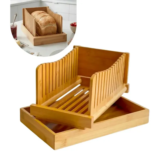 Tábua e Guia de Corte com Bandeja em Bambu para Pão Linha Dinda Home Premium