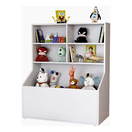 Estante Organizadora De Brinquedo E Livros Para Quartos E Brinquedoteca Branco Em Mdf 4 Nichos E Um Baú - Prado Móveis