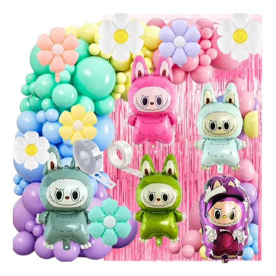 Globos Labubu Arcox40 Globos Pastel Flores Cortina Rosa Labubu