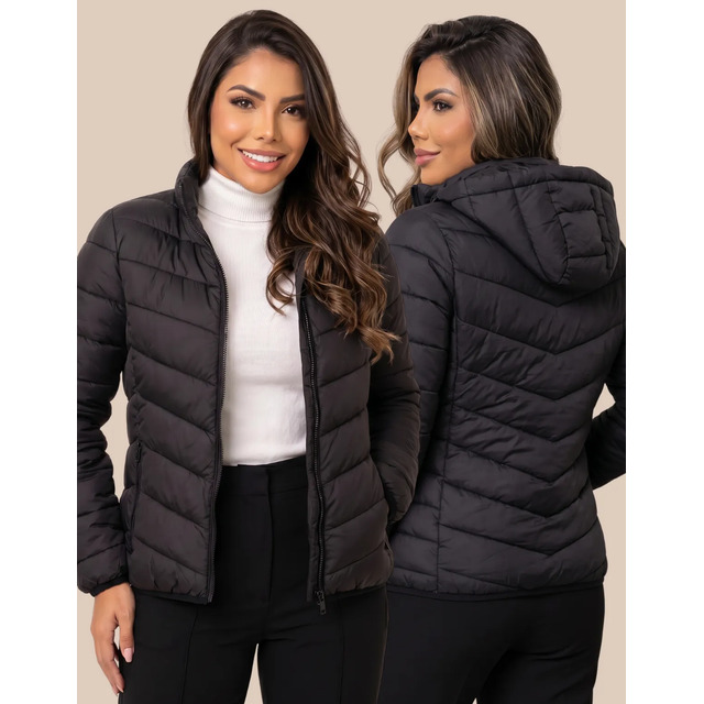 Jaqueta Puffer Impermeável Capuz Inverno Frio Preto Feminina - Tam. P ao G4