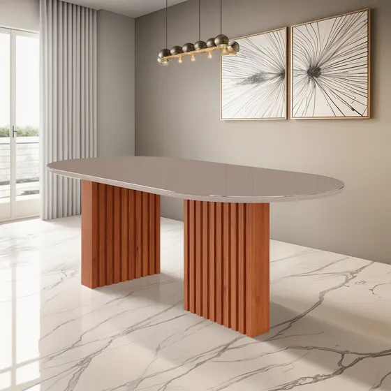 Mesa P/ Cozinha Ester C/ Tampo Madeirado C/ Vidro Oval 210x1