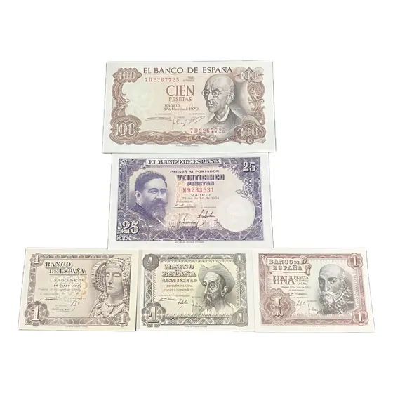 5 Billetes De 1+1+1+25+100 Pesetas España 48/51/53/54/70 Unc