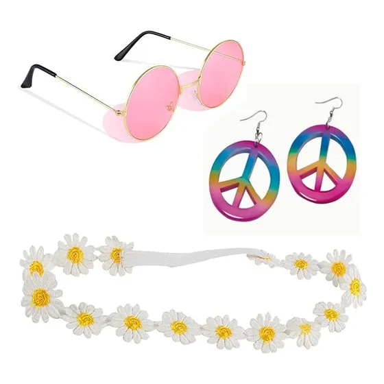 Set  Hippie Aros+lentes+cintillo Accesorios Disfraz  Somoscotillon
