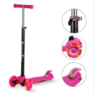 Patinete Infantil Rosa 4 Rodas Luz LED Reforçado Altura Ajustável 70kg Desmontável Menina
