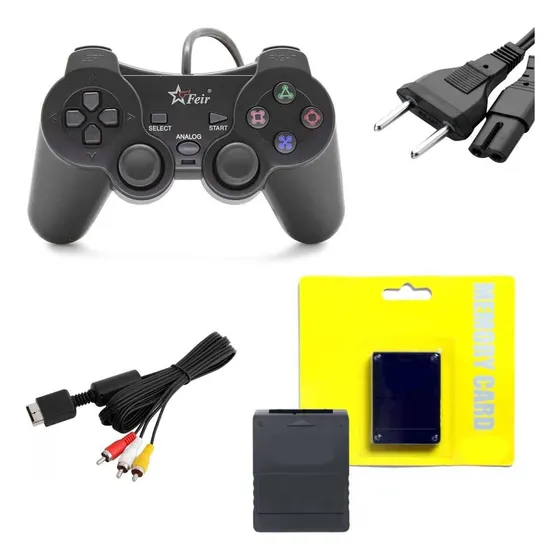 Controle, Memory Card, Cabo De Força E Av Compatível Com Ps2 Cor Preto