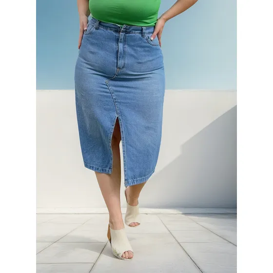 Pollera Midi De Jean Rígido Con Tajo Mujer Laque Woodstock