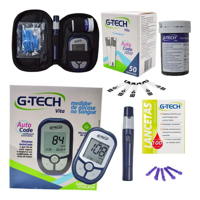  Kit Medidor Gtech Glicose 60 Tiras Glicemia + 110 Lancetas 