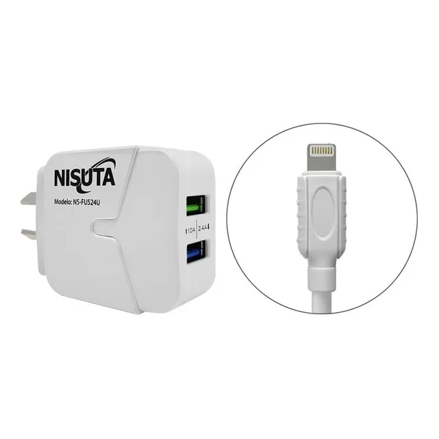 CARGADOR RÁPIDO NISUTA 2 USB 2.4A Y CABLE IPHONE LIGHTNING