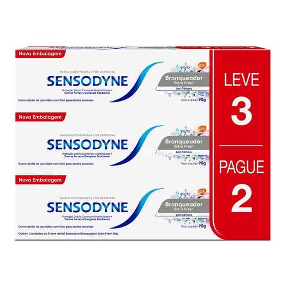 Creme Dental Sensodyne Branqueador para Dentes Sensíveis Extra Fresh, Anti Tártaro, Proteção Diária, Leve 3 Unidades e Pague 2, 90g Cada