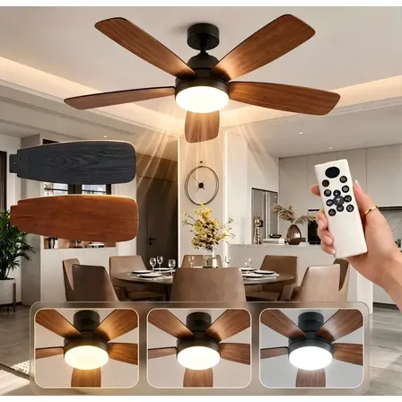 Ventilador De Teto Silencioso Com Luz Led 5 Pás Em Madeira Maciça, Controle Remoto, 6 Velocidades, Ideal Para Sala, Quarto, Jantar E Varanda 127/220v Marrom
