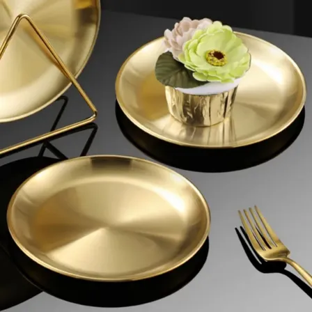Jogo 6 Pratos Aço Inox Com Suporte Dourado
