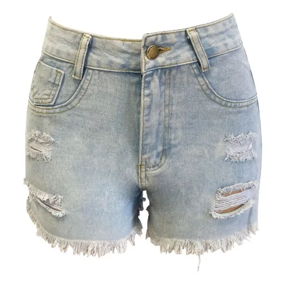 Shorts Jeans De Cintura Alta Com Zíper Lateral E Perna Larga