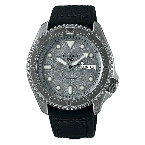 Seiko 5 Deportes Plata Esfera Negro Correa De Cuero 74spw
