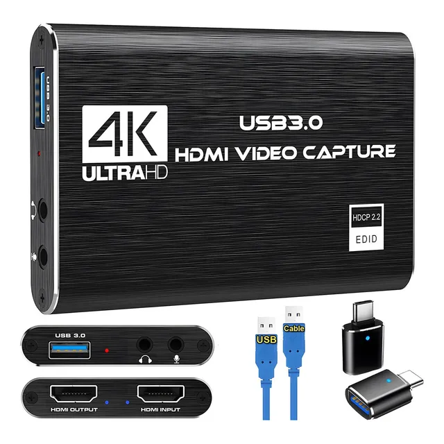 Tarjeta capturadora de video HDMI 4K HDMI a USB3.0 Leirlvan video converter 1080P@60Hz con entrada de micrófono de 3.5mm para Windows Linux OS Mac OS OBS color negro