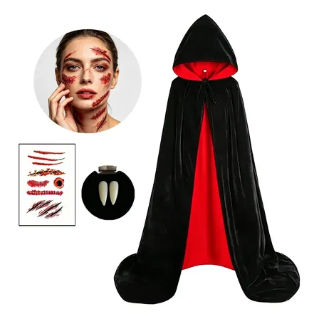 Disfraz Vampiro Capa Capucha Adulto Cosplay Halloween Negro Y Rojo 170