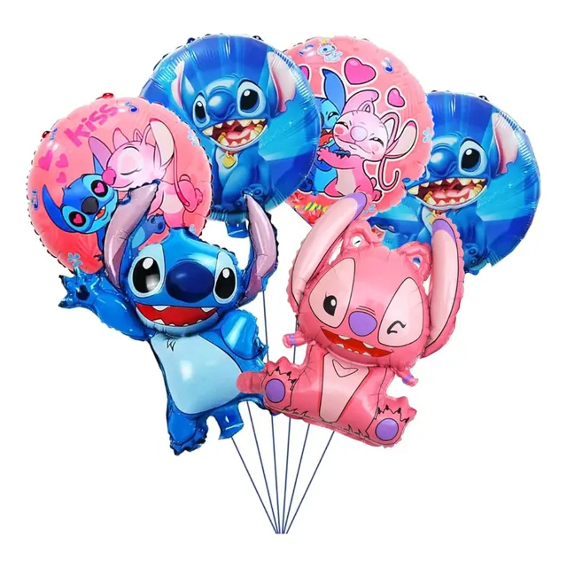 Bouquet Globos Sticth Angel Azul Rosado Redondo X6