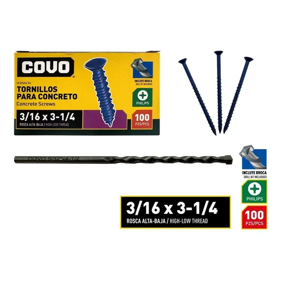Tornillo Para Concreto 3/16 X 3 1/4 Pulgadas X 100 Unid Covo