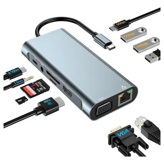Leirlvan HUB USB C, 11 en 1 Adaptador Tipo C a HDMI 4K, 100Mbps Ethernet, 1 USB 3.0, 3 USB 2.0, Carga 100W, Lector de Tarjetas SD/TF, VGA, Jack 3,5mm, Docking Station Compatible con Macbook Pro/Air