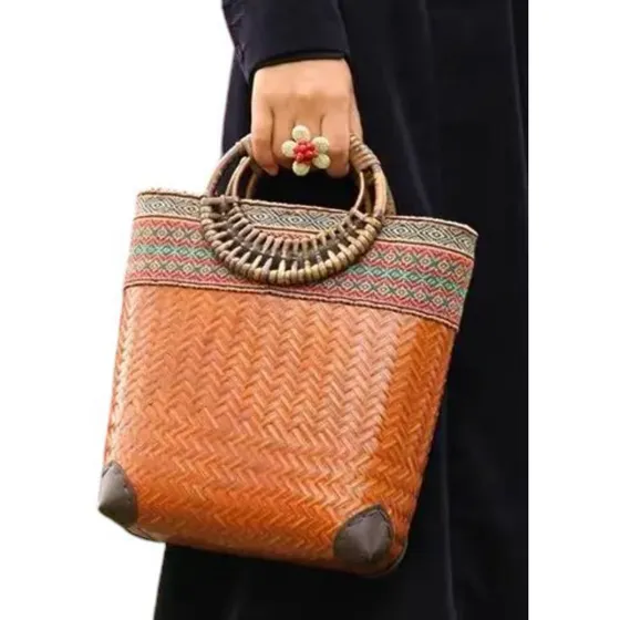 Bolso De Mimbre Tejido Bambu Naranja Asas Circulares Textil
