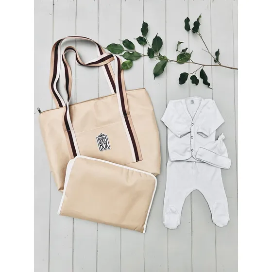 Bolso Maternidad Con Cambiador + Set Ajuar Bebé Nacimiento Beige Liso
