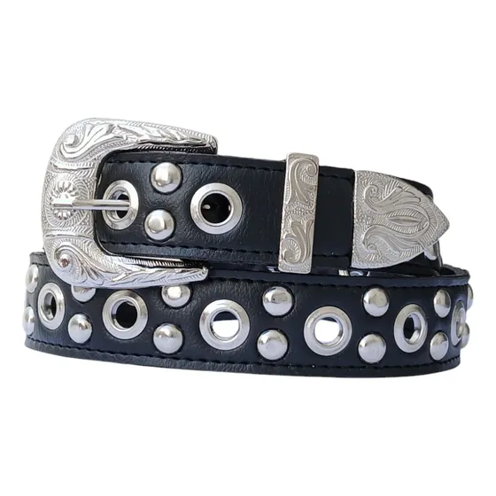 Cinto Texano Negro Multitachas Tachas Bombé Y Argollas