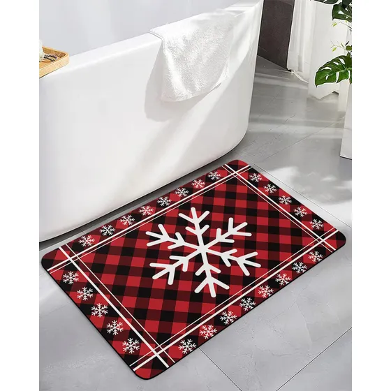 Tapete Baño Diseño Copo Nieve Invierno Rojo Negro Cuadro 16